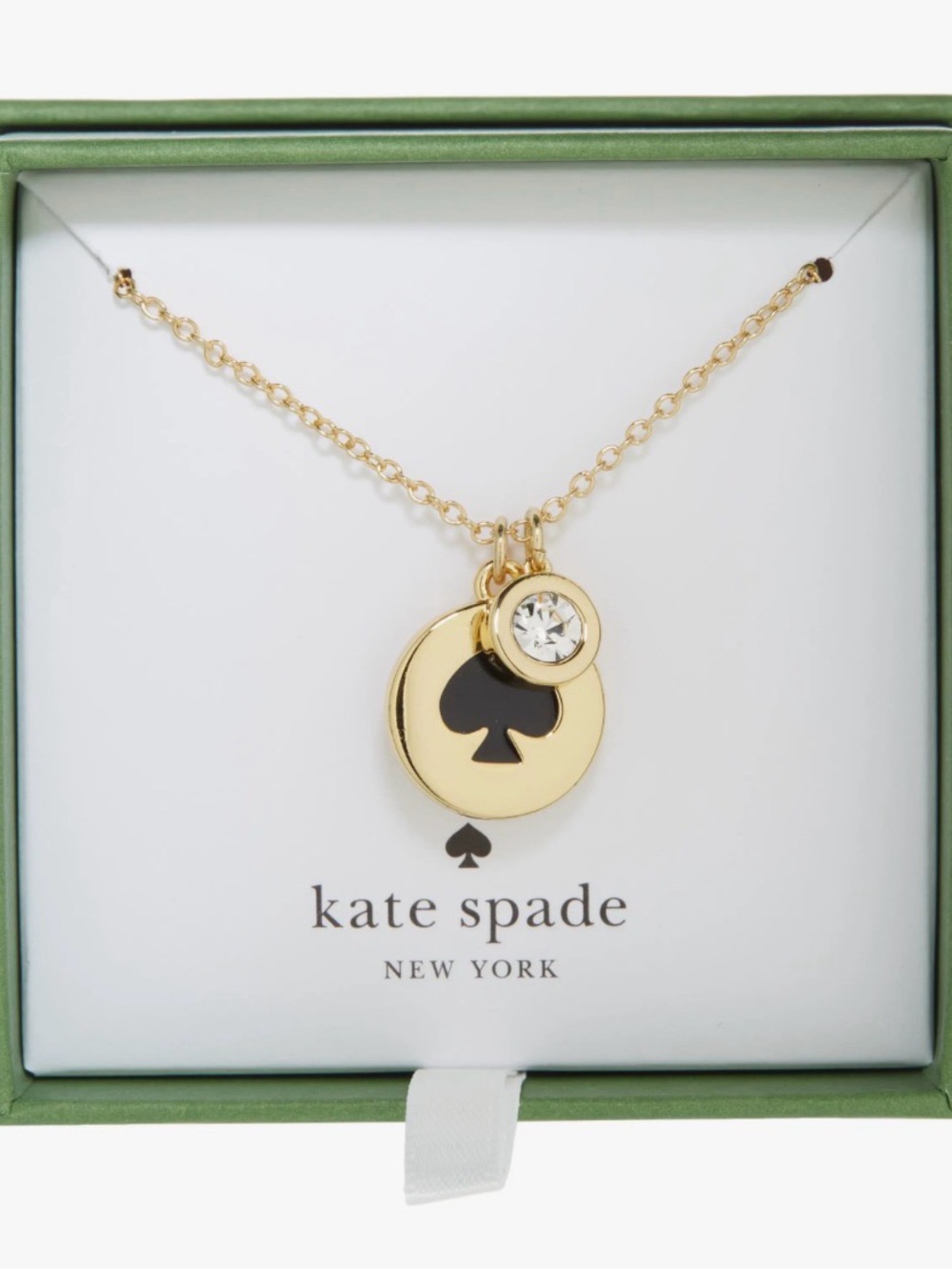 kate spade Gold Necklace with Black Spade Disc and Clear Stone Charm